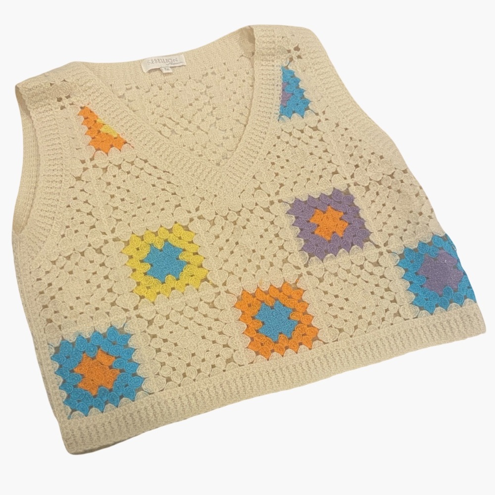 Rebellion V-Neck Crochet Sweater Vest - Cream with Colorful Accents